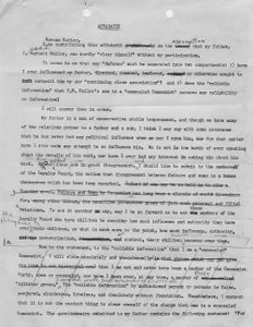 In 1952, Isaac Mailer was called to appear before the U.S. Civil Service Commission’s loyalty board because of his association with his son, “who is reported to be a concealed Communist.” This draft of the letter Mailer and his lawyer prepared and submitted to the commission has Mailer’s corrections in pencil. Mailer’s father was ultimately cleared without a hearing.
