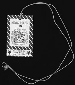 Mailer’s press pass from the 1968 Democratic National Convention at Chicago, which he covered for Harper’s Magazine. Mailer was sympathetic to the Yippies and other radicals, the descendants of the fifties hipsters, who gathered in the streets to resist the police. Yet Mailer had a surprisingly low opinion of the violent tactics and the political naïveté of the antiwar movement.