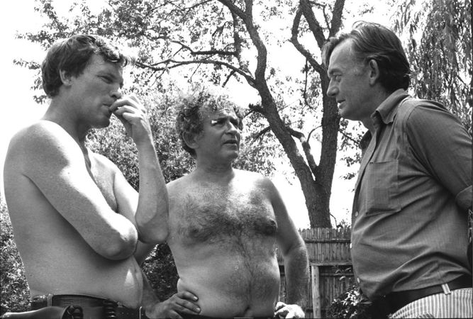 Norman Mailer with D. A. Pennebaker and Richard Leacock on set of Maidstone, Long Island 1968 © Daniel Kramer.