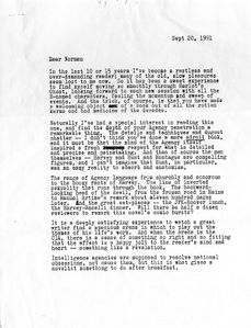 [Page 1] A letter from Don DeLillo to Norman Mailer, 20 September 1991, about Harlot's Ghost.