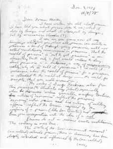 Jack Henry Abbott’s letter to Mailer, 8 December 1978. Abbott was a career criminal with a literary bent who first contacted Mailer while Mailer was working on The Executioner's Song. Mailer began a long-running correspondence with him about In the Belly of the Beast, Abbott’s collection of essays, as well as prison life and penal reform. The voluminous Mailer-Abbott correspondence is supplemented by an intriguing letter from Abbott to Mailer biographer Hilary Mills Loomis concerning Abbott’s ambivalent feelings toward his mentor.