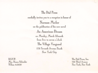 Invitation to the reception for the novel at the Village Vanguard in New York on publication day, 15 March 1965.