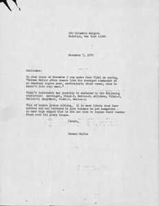 This 1970 letter to Women’s Wear Daily responds to an article by Gore Vidal concerning Mailer’s views on women. The simmering disagreement between the two writers continued for the next decade in print, in person, and on television. Later, they would appear together at the 1985 PEN Symposium and in Shaw’s Don Juan in Hell, with Vidal as the Devil and Mailer as Don Juan.
